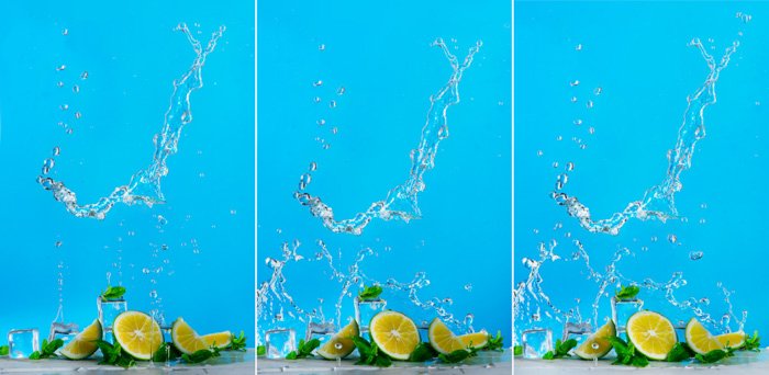 Triptych of food photography set up with water splashes