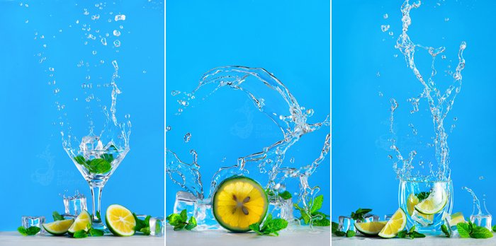 动态水飞溅一杯莫吉托或柠檬水在明亮的蓝色背景。清凉的夏季饮料概念与复制空间。