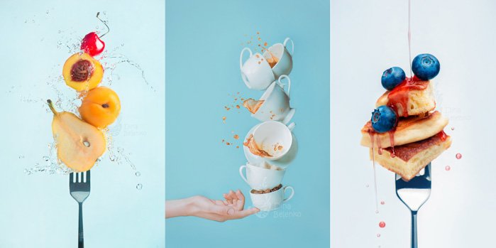 食物摄影三联图显示冷冻食物和水溅在叉子上的照片