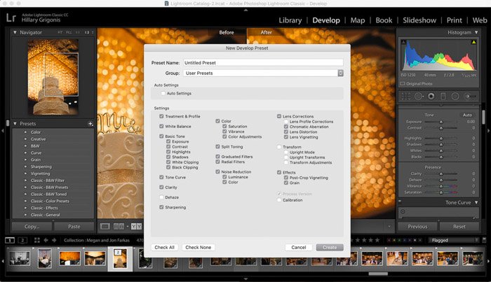 Screenshot of wedding photo editing on Lightroom - customized presets