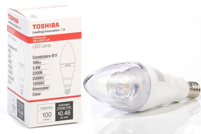 a Toshiba LED lamp beside its packaging