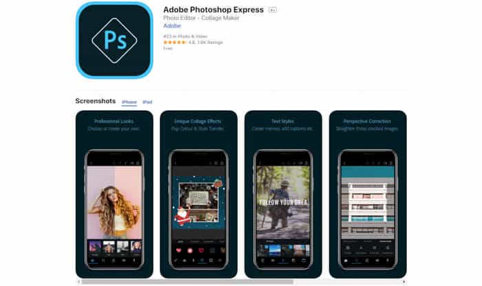 Captura de pantalla de las aplicaciones de edición de Adobe Photoshop Express para Android y iPhone