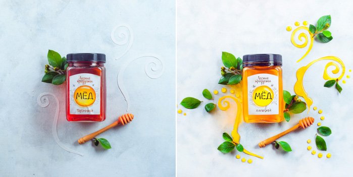 A bright and airy food photography themed flat lay diptych with honey, fruit and leaves on a light surface