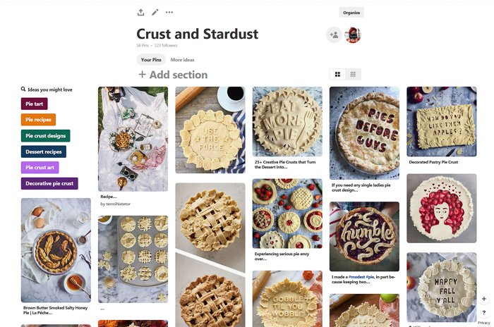 A screenshot of 'crust and stardust' pinterest inspiration board
