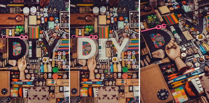 A creative still life triptych flat lay with the silhouette of the word 'DIY' comprised of many small objects