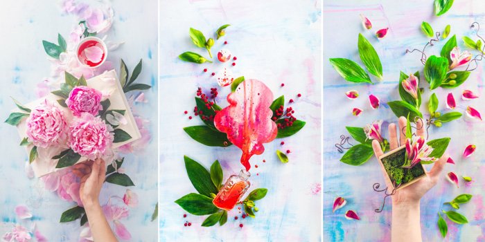 A three photo grid of bright and airy spring themed flatlay still life