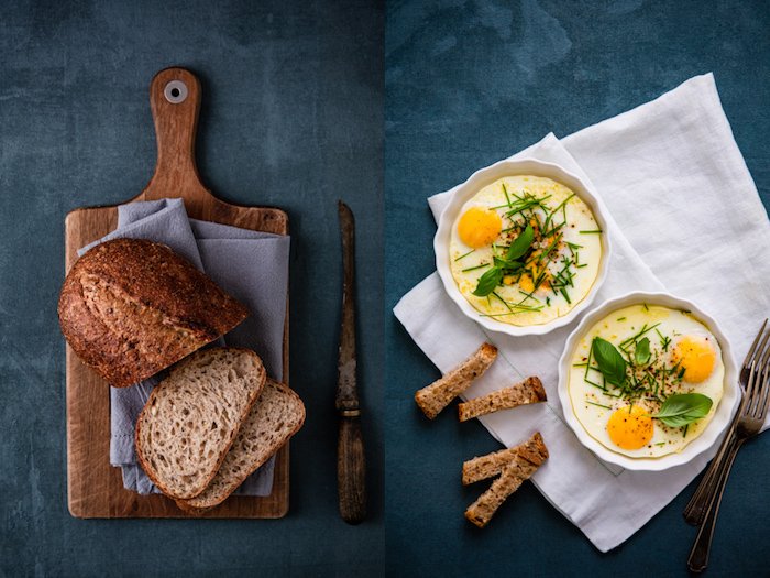 A diptych of overhead food photography shots of bread on a wooden board and two bowls of cooked eggs, both on a dark blue background