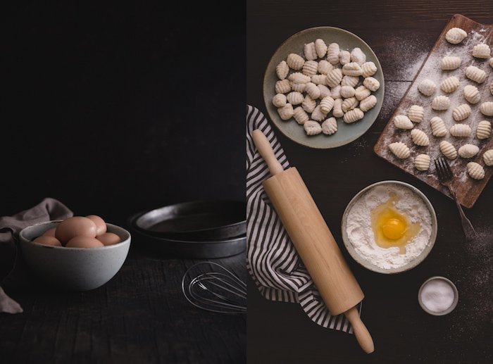 A diptych of dark and moody food photography still lifes 