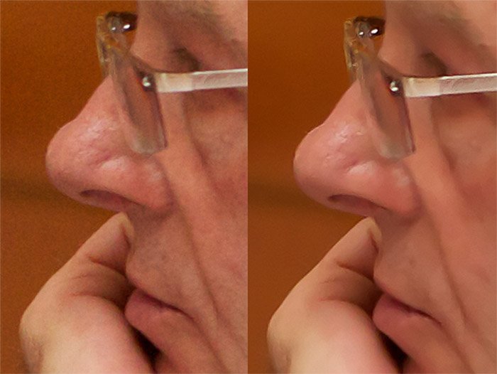 一副戴眼镜的男人的近距离肖像，对比使用降噪前后