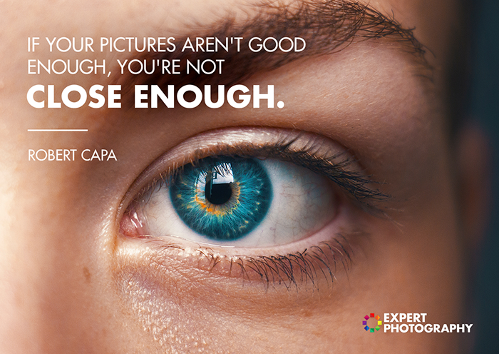 A close up shot of a persons blue eyes overlayed with a quote about what makes a good photograph from Robert Capa