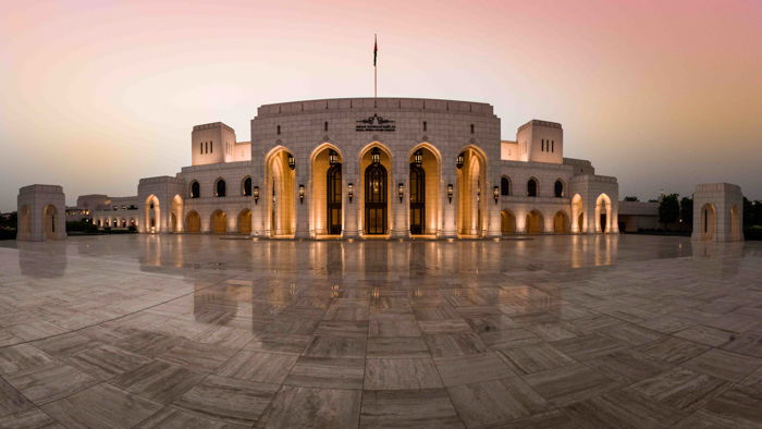 A panorama of the exterior of the Royal Opera house Muscat