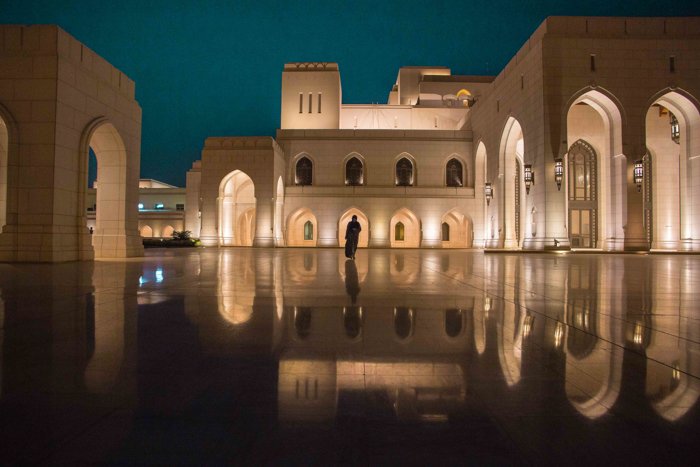 Wide angle image of the outdoor courtyard of Opera House Muscat