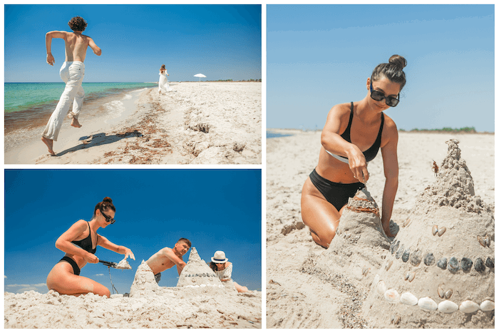 Triptych of beach photos of a couple running and sandcastles being built