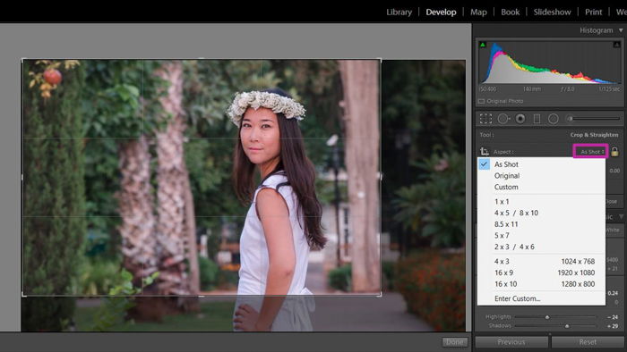 using lightroom to change aspect ration of photo of woman in a white dress and flower crown