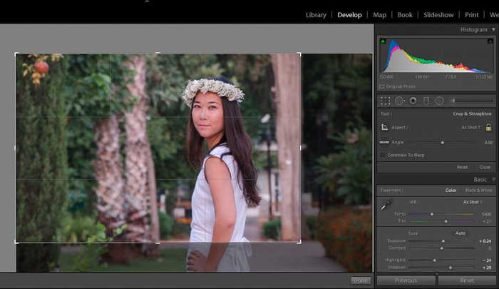 using grid in lightroom to crop a photo of a woman in a white dress wearing a flower crown