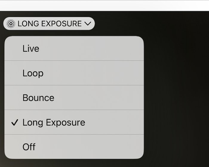 Screenshot of long exposure option in an iPhone's Live dropdown menu