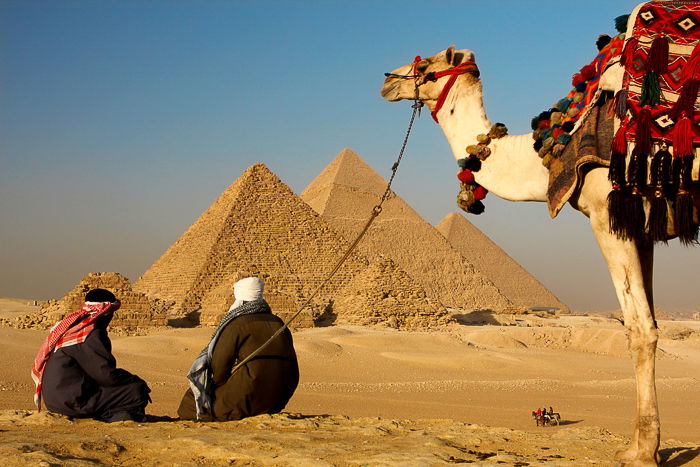 two bedouins resting on the desert sand looking at the pyramids in Egypt while their camel waits