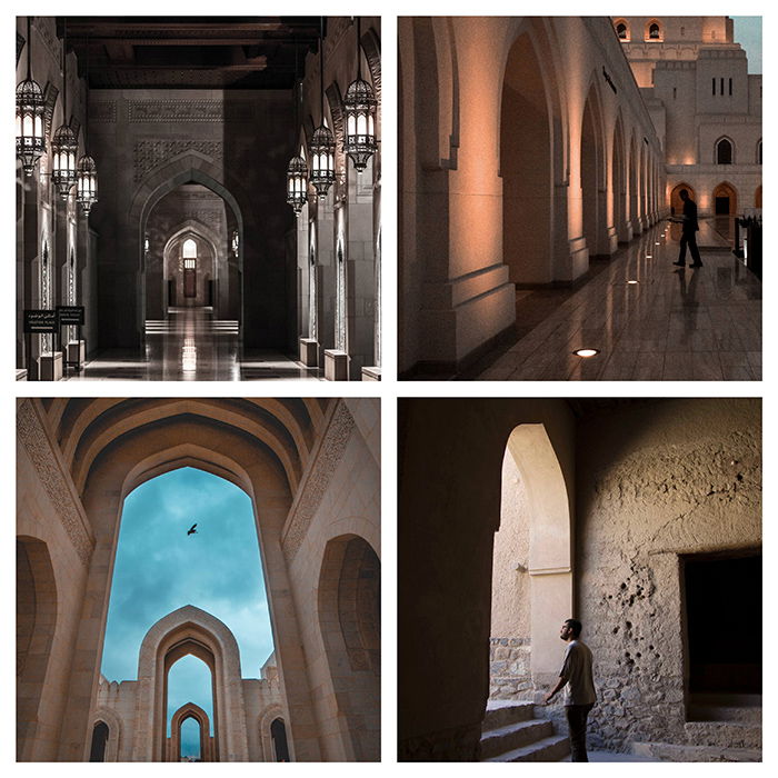 A four photo grid of the interior of a church or temple