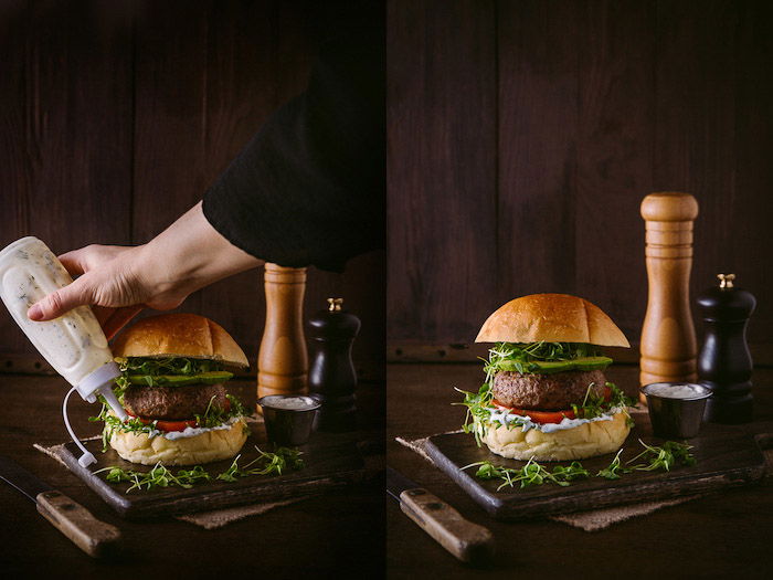 Diptych food photography example of setting up and styling a burger against a dark background