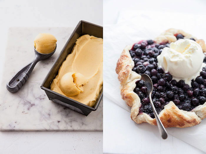 A food blog diptych showing how to style ice-cream for a photo shoot