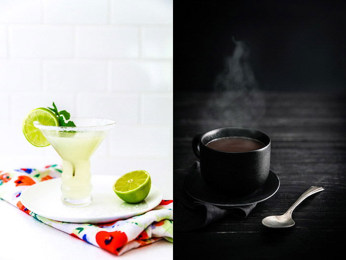 A food photography diptych showing a cold cocktail on white background and a cup of tea on dark background