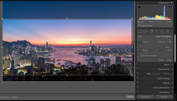 A cityscape open in Lightroom to crop travel photos
