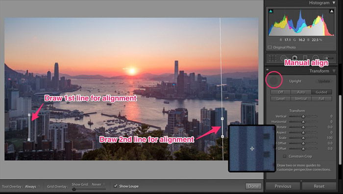 A screenshot of drawing alignment lines for cropping photography in Lightroom