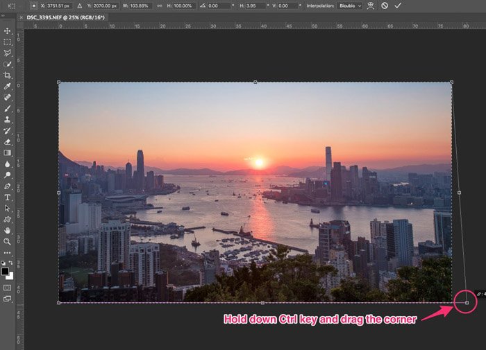 A screenshot of choosing the transform tool for cropping photography in Photoshop