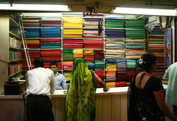 A candid shot of customers in a textile shop 