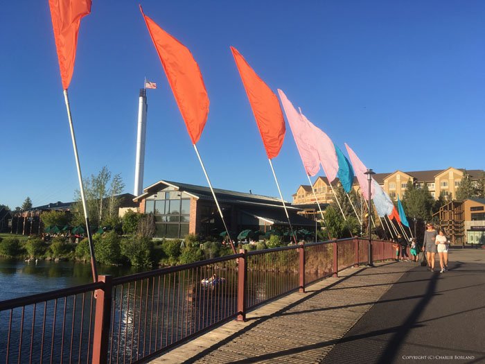 A line of brightly colored flags by a bridge, taken with iPhone camera
