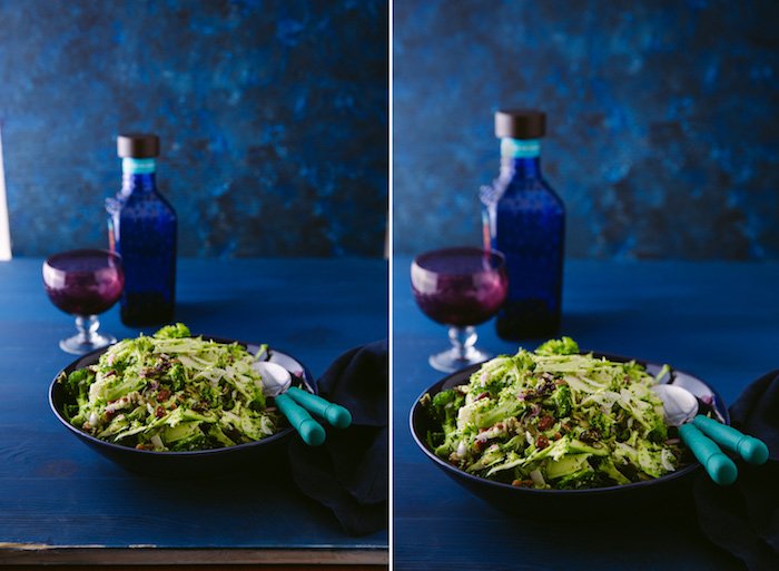 A diptych of food still lifes against a blue background 