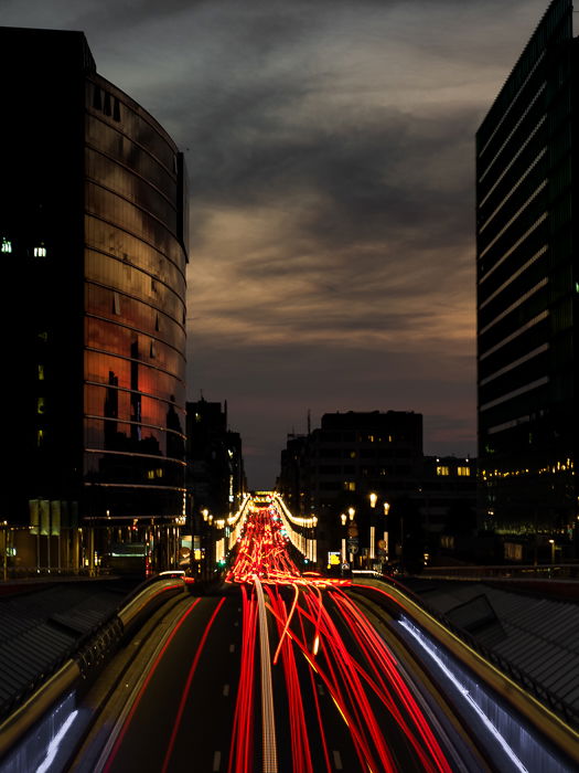Lightrails on a busy motorway right before nightfall.