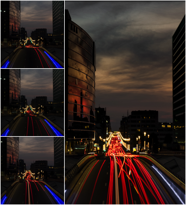 A 3 photo grid example of image stacking with light trails. 