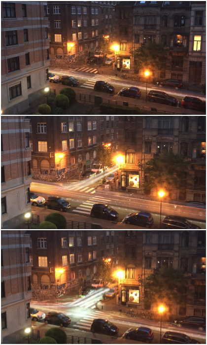 Triptych of late night light trails outside a building