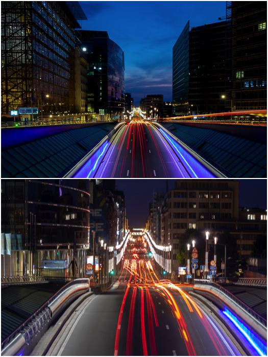 A diptych showing light trails of traffic captured at different focal lengths