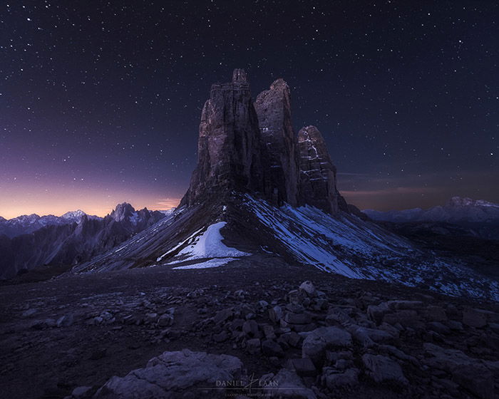 Tre Cime mountains at night.