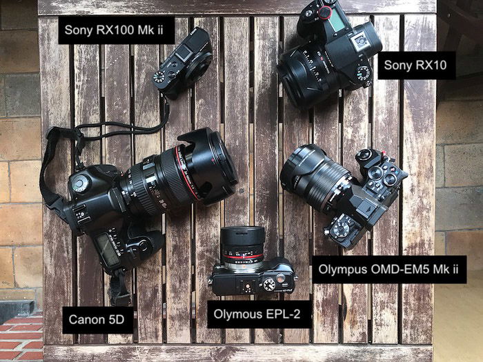 A top view of a collection of different cameras on a wooden table. From left to right: Olympus OM-D EM 5 Mark ii with battery grip and 12-40 f/2.8 PRO lens, Olympus EPL-2 with Samyang 7.5 f/3.5 fisheye lens, Canon 5D with 24-105mm f/4 lens and Sony RX10 with 28-200 f/2.8 lens. In front, the Sony RX100 Mk ii sporting a 28-100 f/1.8-4.9 lens.