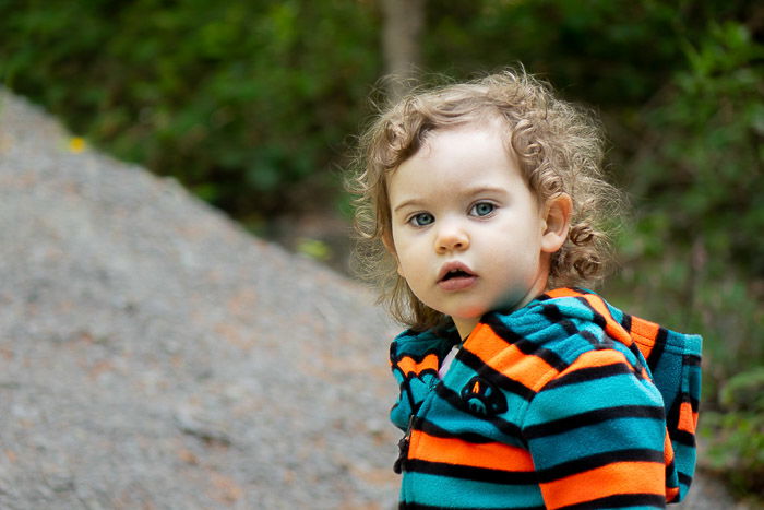 Candid shot of a little girl playing in the woods during a family outing.