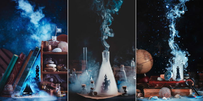 Atmospheric and mystical still life photography triptych feature a glass bottle and smoke