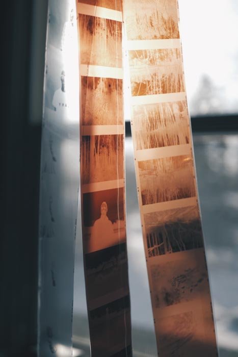Three strips of film photography negatives