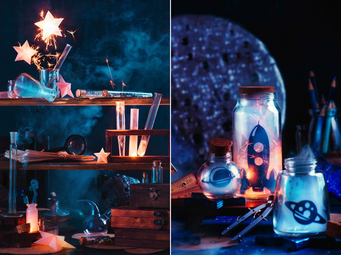 Magical still life diptych focused on orange and blue colors