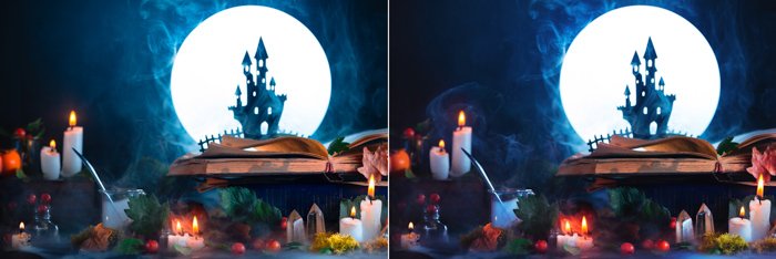 A still life featuring a spooky castle silhouette, a full moon, candles and other spooky props - cool halloween pictures
