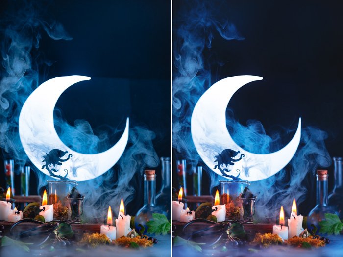 A still life featuring a spooky plant silhouette, a crescent moon, candles and other spooky props - cool halloween pictures