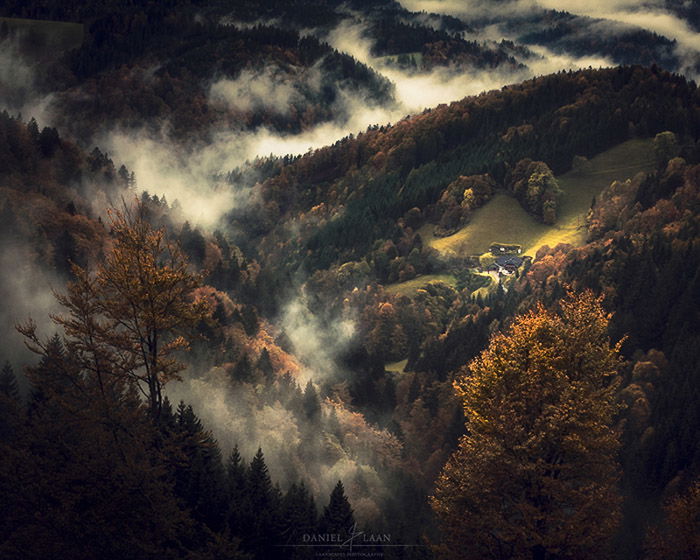 Aerial view of a misty autumn landscape