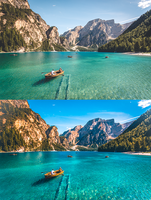 A beautiful mountainous seascape diptych, showing the before and after effects of using Lightroom presets