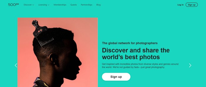 Screenshot of 500px website for photographers