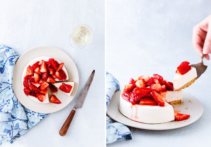 Diptych of a fruity dessert on light background