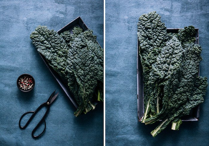 Diptych food photography of kale on a blue background 