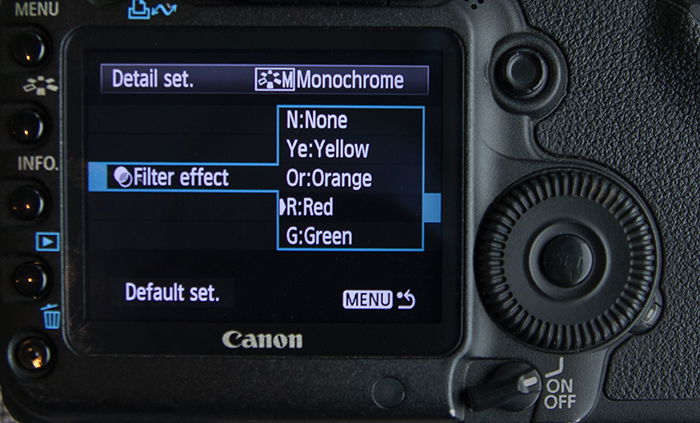 close up of a red filter selected in the Monochrome in-camera settings on a Canon 5D Mark II. - camera settings screen