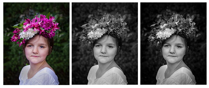 three photos for comparison. On the left a photo of a girl in a white dress and a pink flower crown on her head. Middle and right, the photos edited to black and white photos